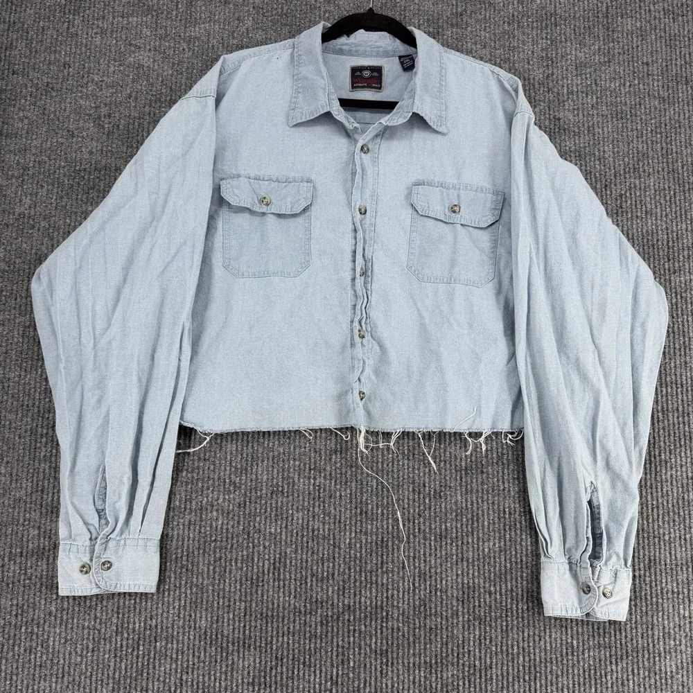 Vintage Wrangler Men's 2X Denim Chambray Western Button Up Shirt Cropped Fringe